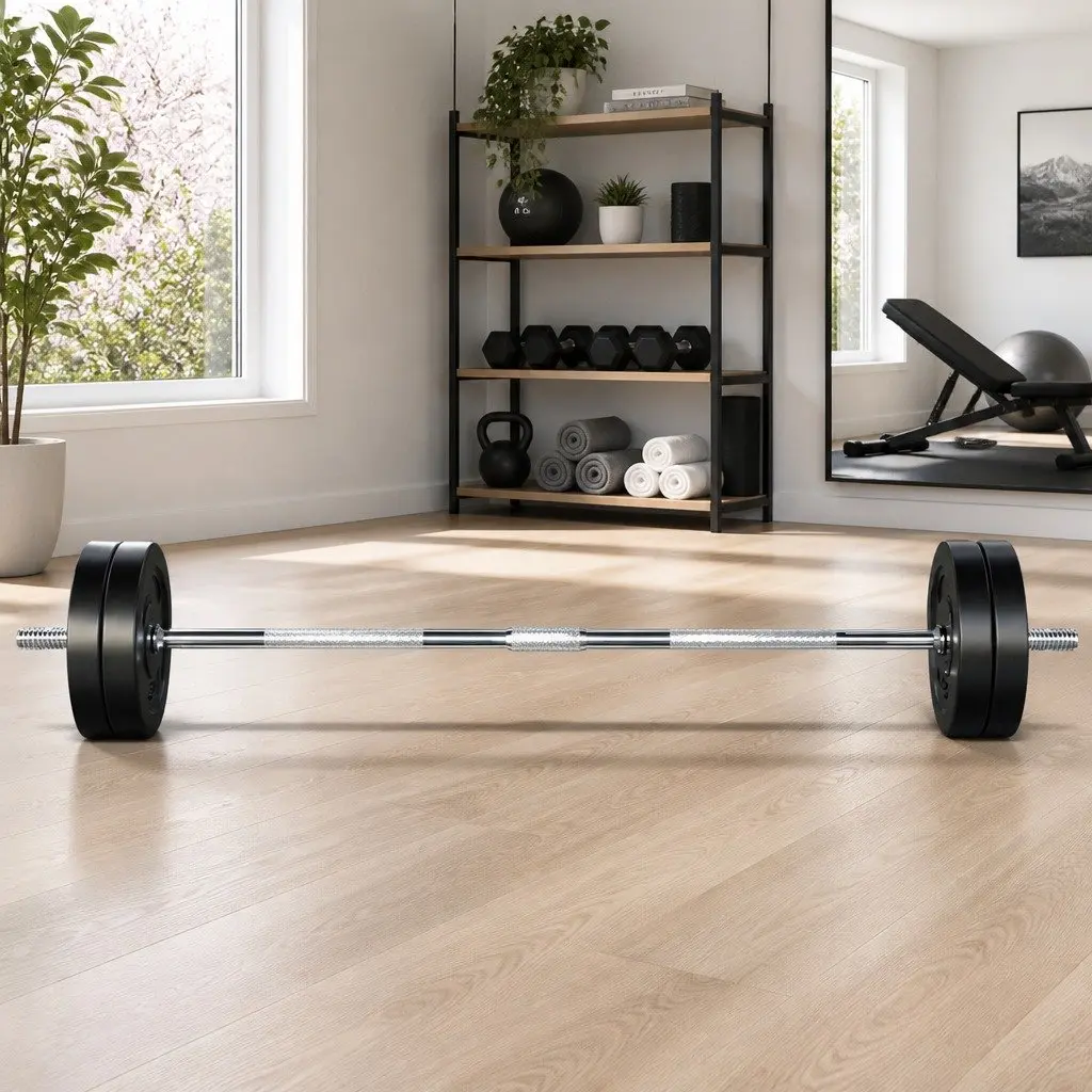 48kg Barbell Set with Weight Plates and Bench 168cm Home Gym Equipment