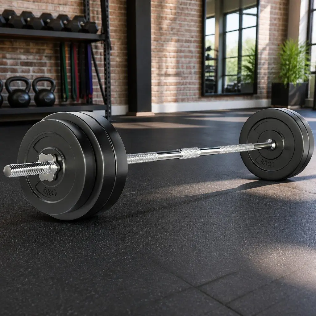 58kg Barbell Set with 168cm Steel Bar and Weight Plates