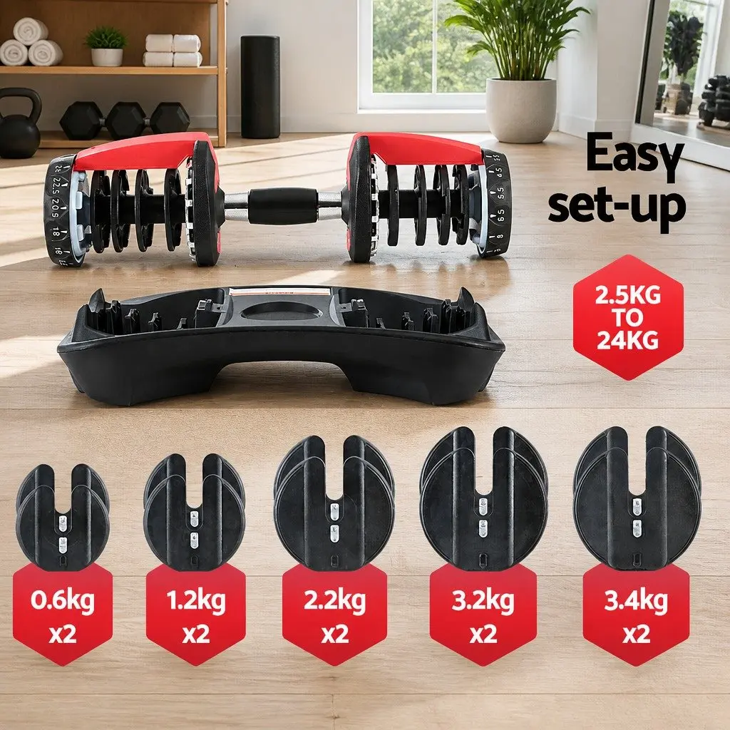 Adjustable Dumbbell Set 24kg Home Gym Weight Training 2 Pieces with Holder