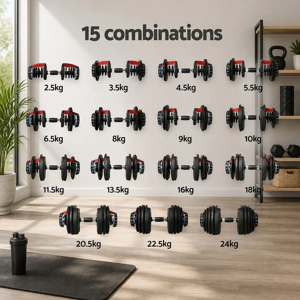 Adjustable Dumbbell Set 24kg Home Gym Weight Training 2 Pieces with Holder