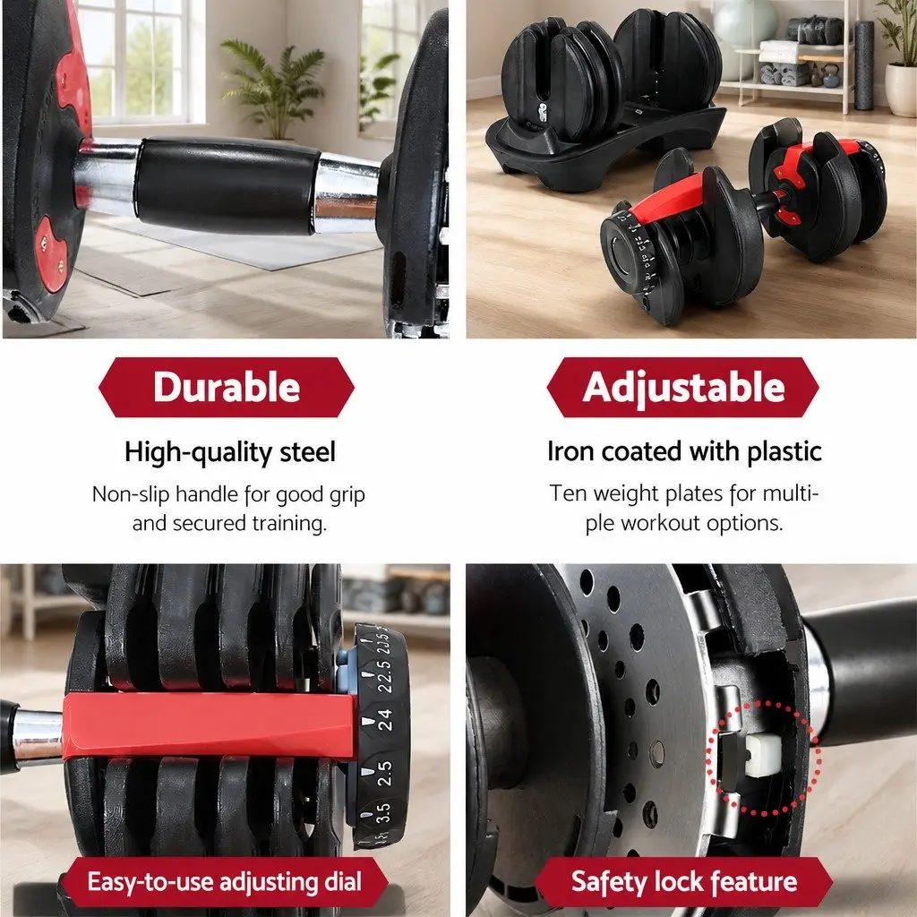Adjustable Dumbbell Set Home Gym 24kg Weight Plates Black
