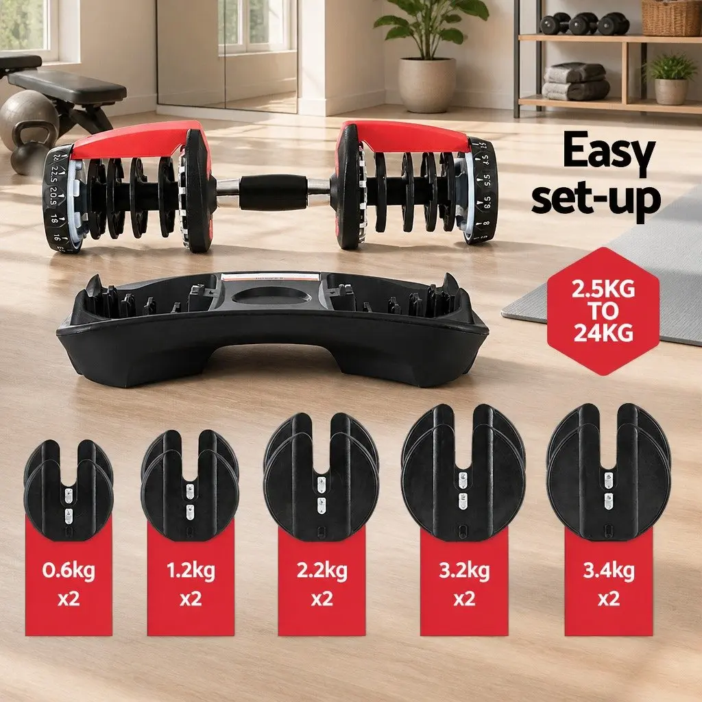 Adjustable Dumbbell Set Home Gym 24kg Weight Plates Black