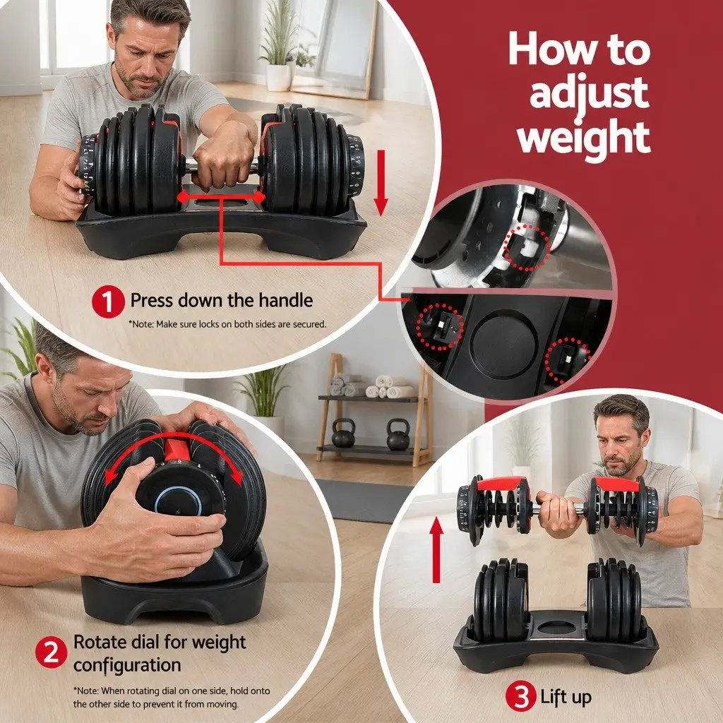 Adjustable Dumbbell Set Home Gym 24kg Weight Plates Black