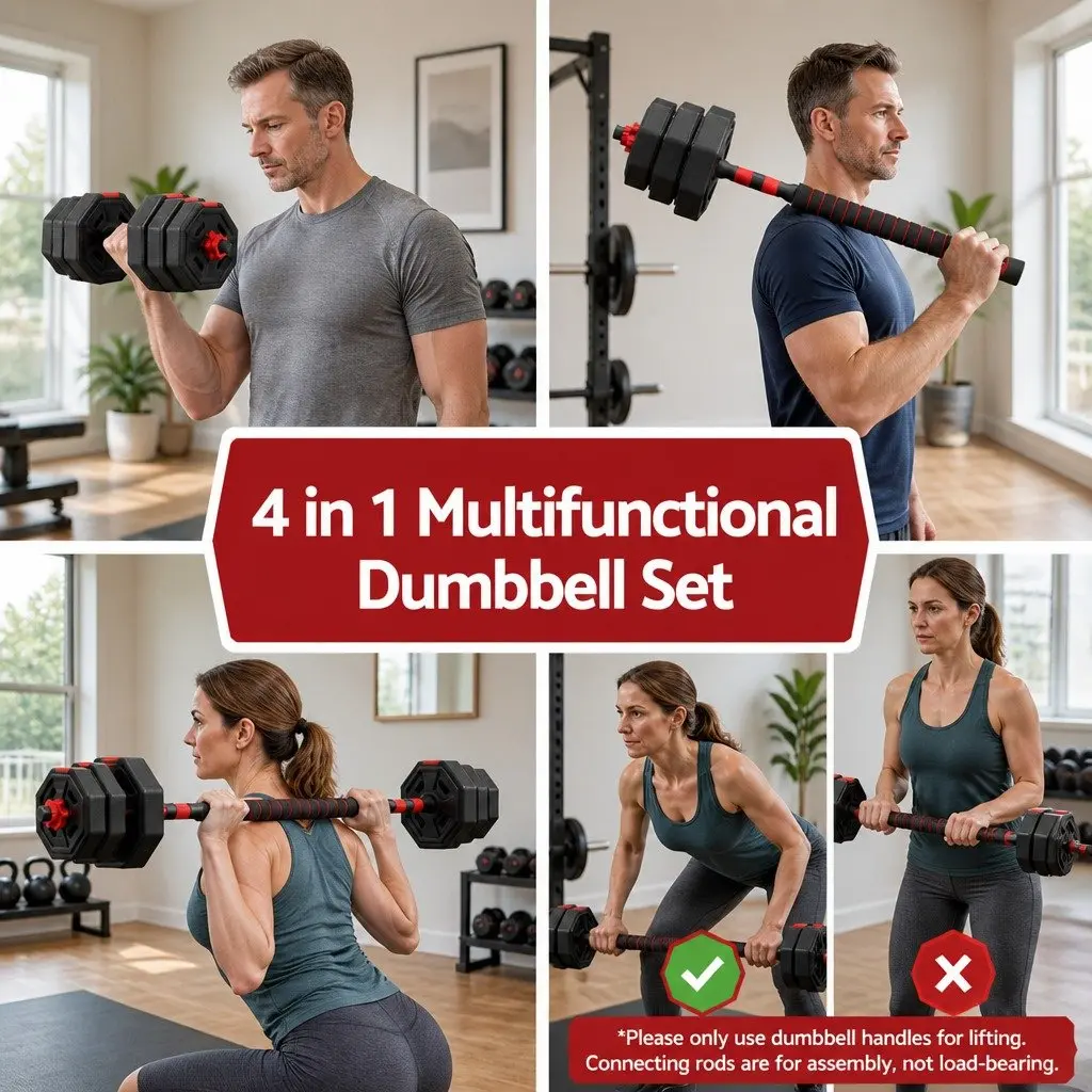 Adjustable Dumbbell Barbell Set Home Gym 20kg 4-in-1 Weight Plates