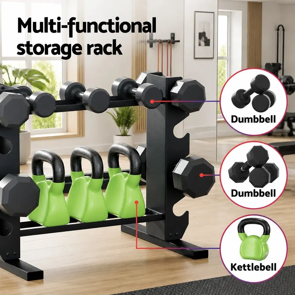 Dumbbell Rack Kettlebell Weight Storage Stand Home Gym 200kg Capacity Black