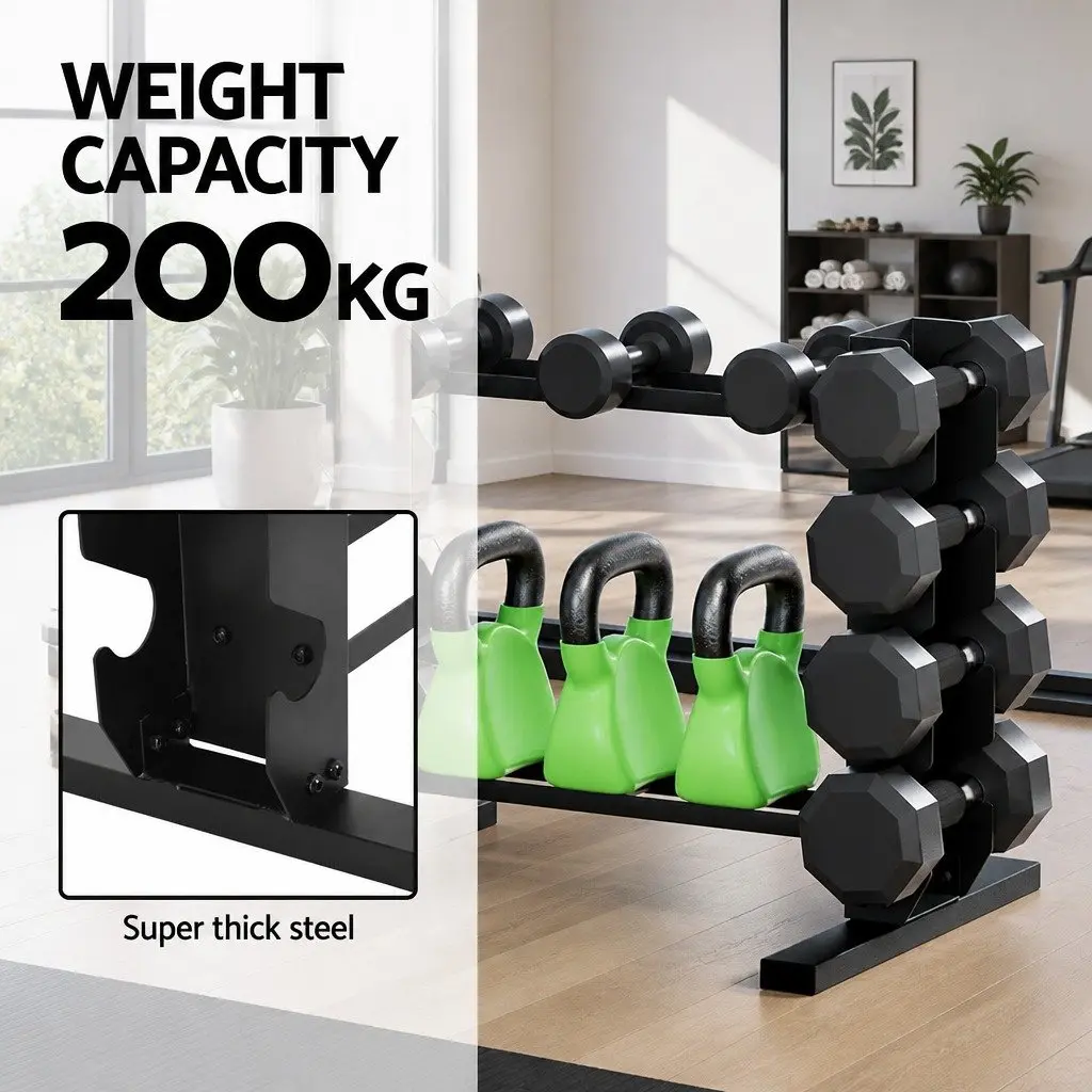 Dumbbell Rack Kettlebell Weight Storage Stand Home Gym 200kg Capacity Black