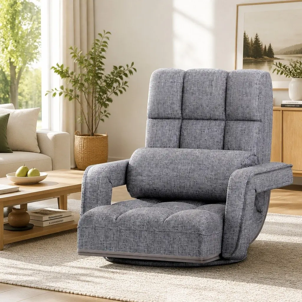 Floor Lounge Chair for Living Room Grey Adjustable Swivel Foldable Compact