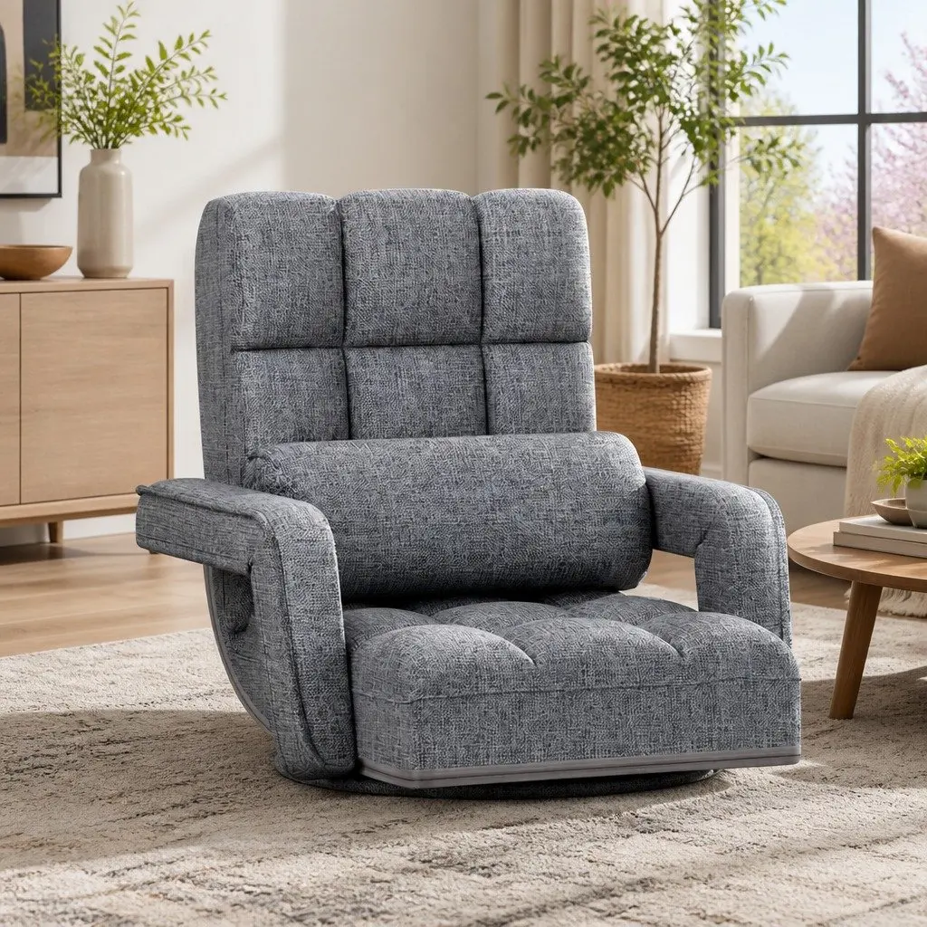 Floor Lounge Chair for Living Room Grey Adjustable Swivel Foldable Compact