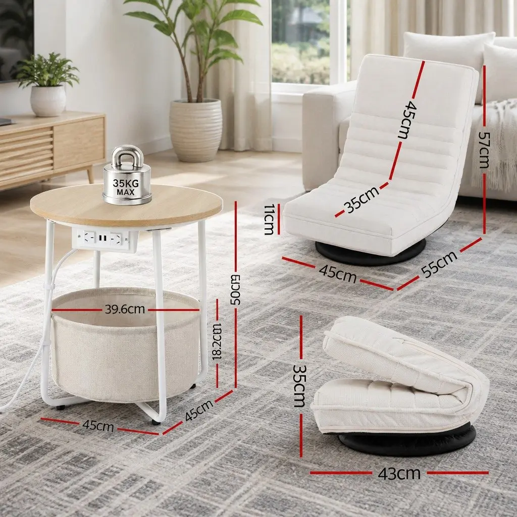 Floor Lounge Chair with Round Coffee Table Side End Charging Station Living