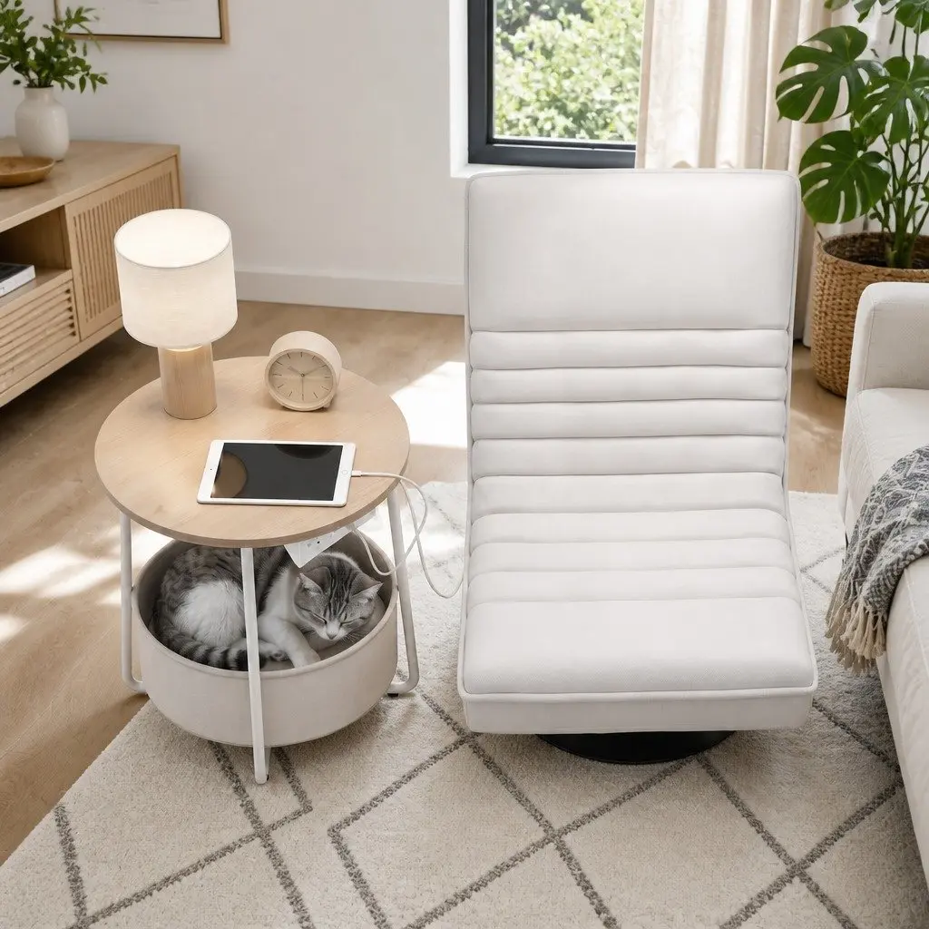 Floor Lounge Chair with Round Coffee Table Side End Charging Station Living