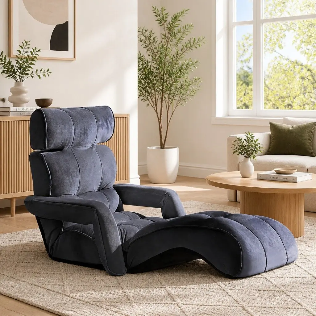 Lounge Sofa Bed for Living Room Adjustable Flocking Fabric Charcoal