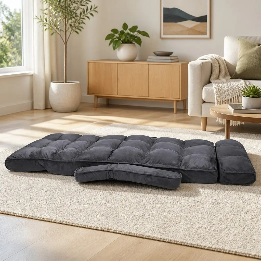 Lounge Sofa Bed for Living Room Adjustable Flocking Fabric Charcoal
