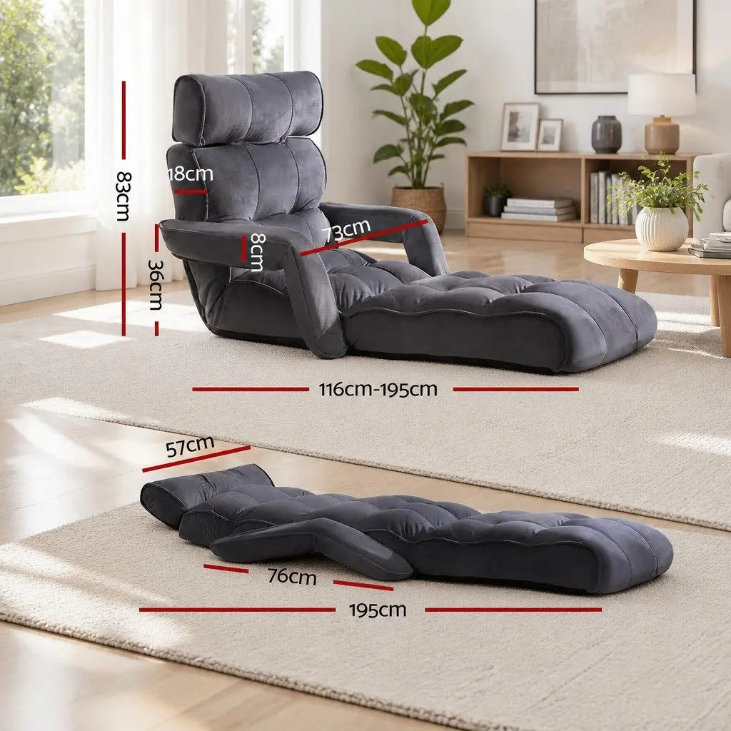 Lounge Sofa Bed for Living Room Adjustable Flocking Fabric Charcoal