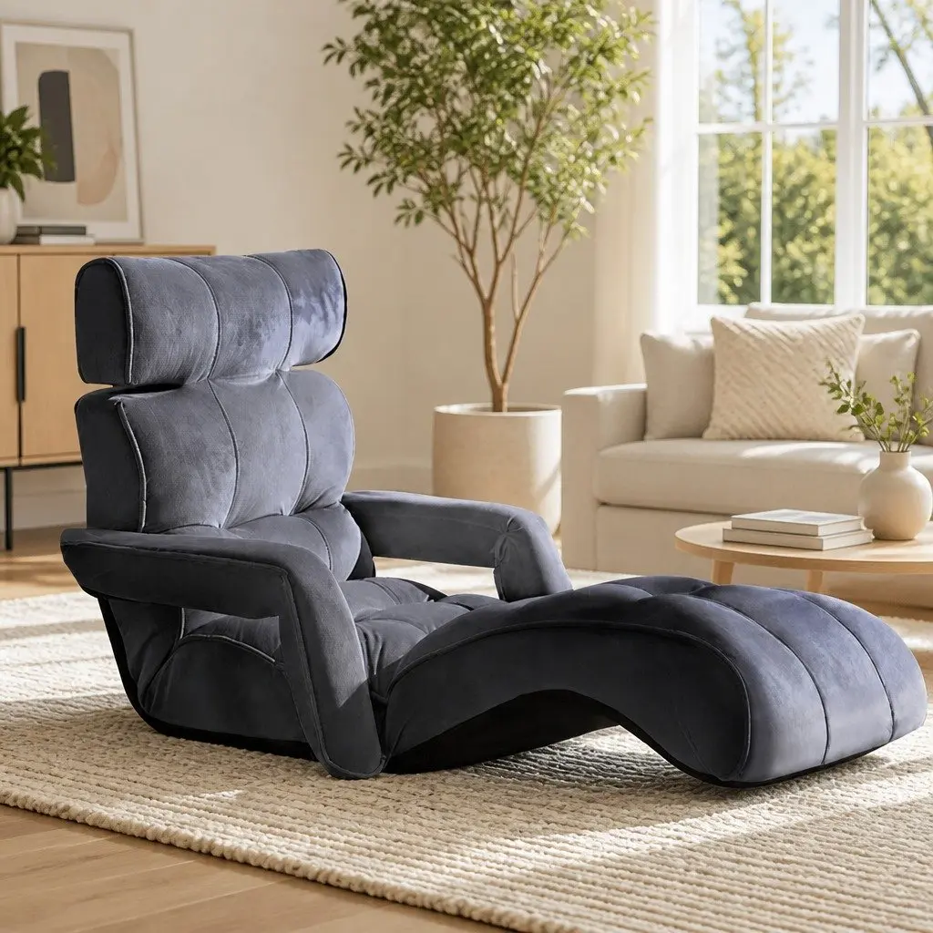 Lounge Sofa Bed for Living Room Adjustable Flocking Fabric Charcoal