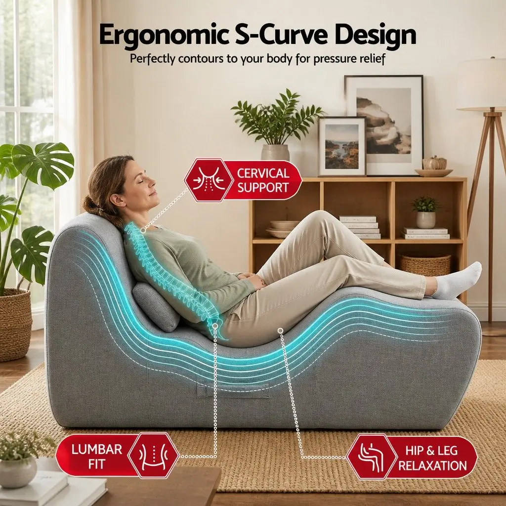 Chaise Lounge Chair Ergonomic S-Curve Floor Lounger Grey 150cm L x 58cm W x 72cm H
