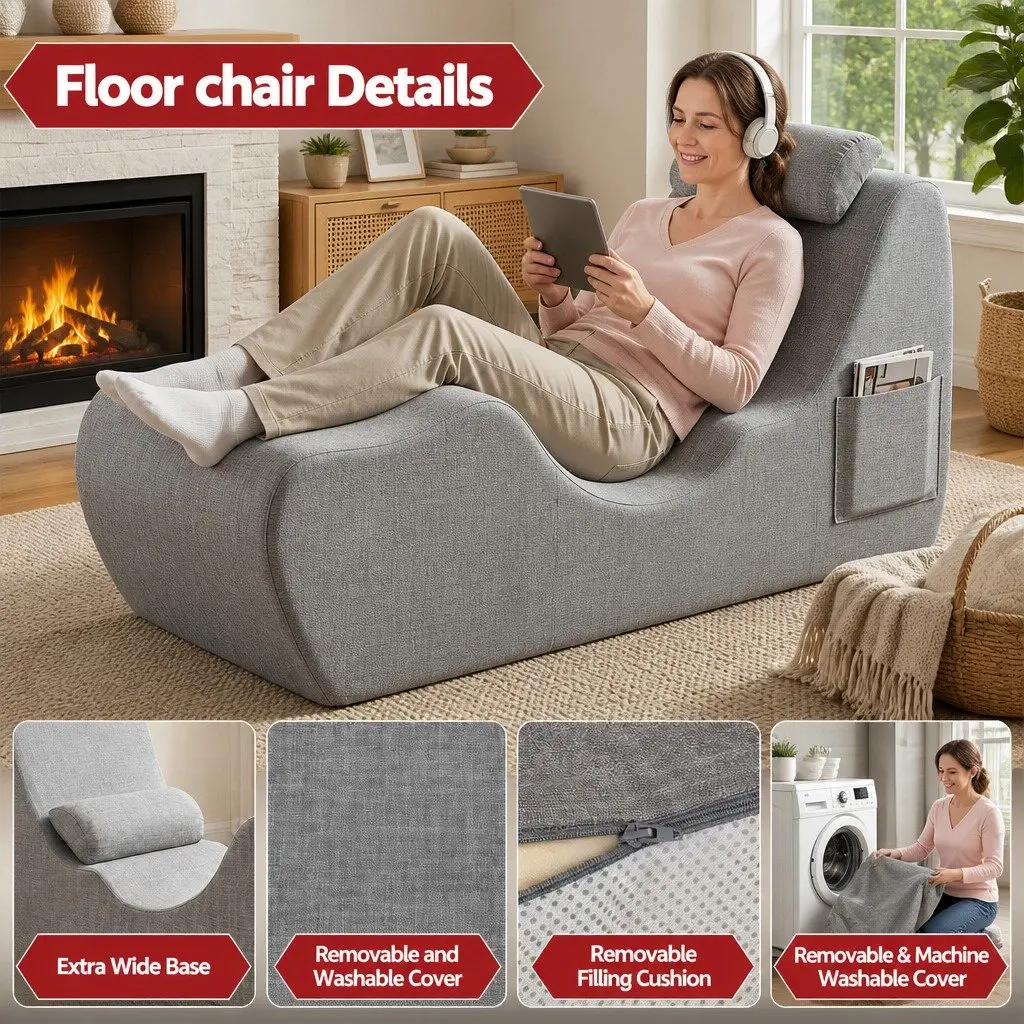 Chaise Lounge Chair Ergonomic S-Curve Floor Lounger Grey 150cm L x 58cm W x 72cm H