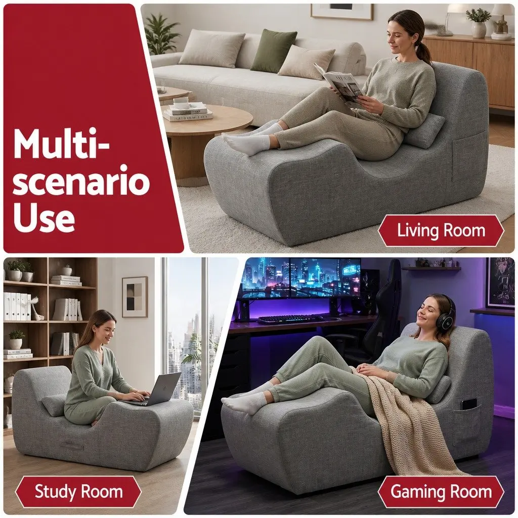 Chaise Lounge Chair Ergonomic S-Curve Floor Lounger Grey 150cm L x 58cm W x 72cm H