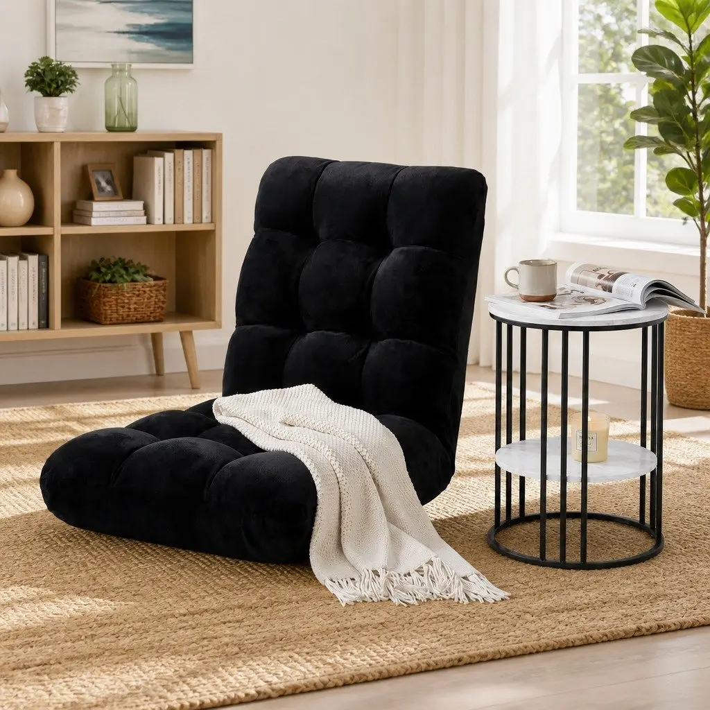 Folding Floor Lounge Chair and 2-Tier Coffee Table Bundle Living Room Set