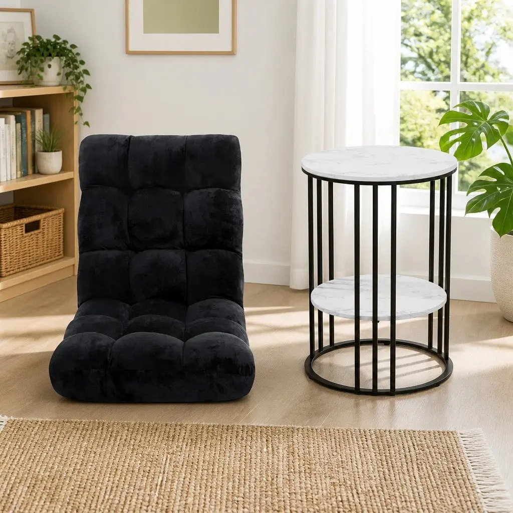 Folding Floor Lounge Chair and 2-Tier Coffee Table Bundle Living Room Set