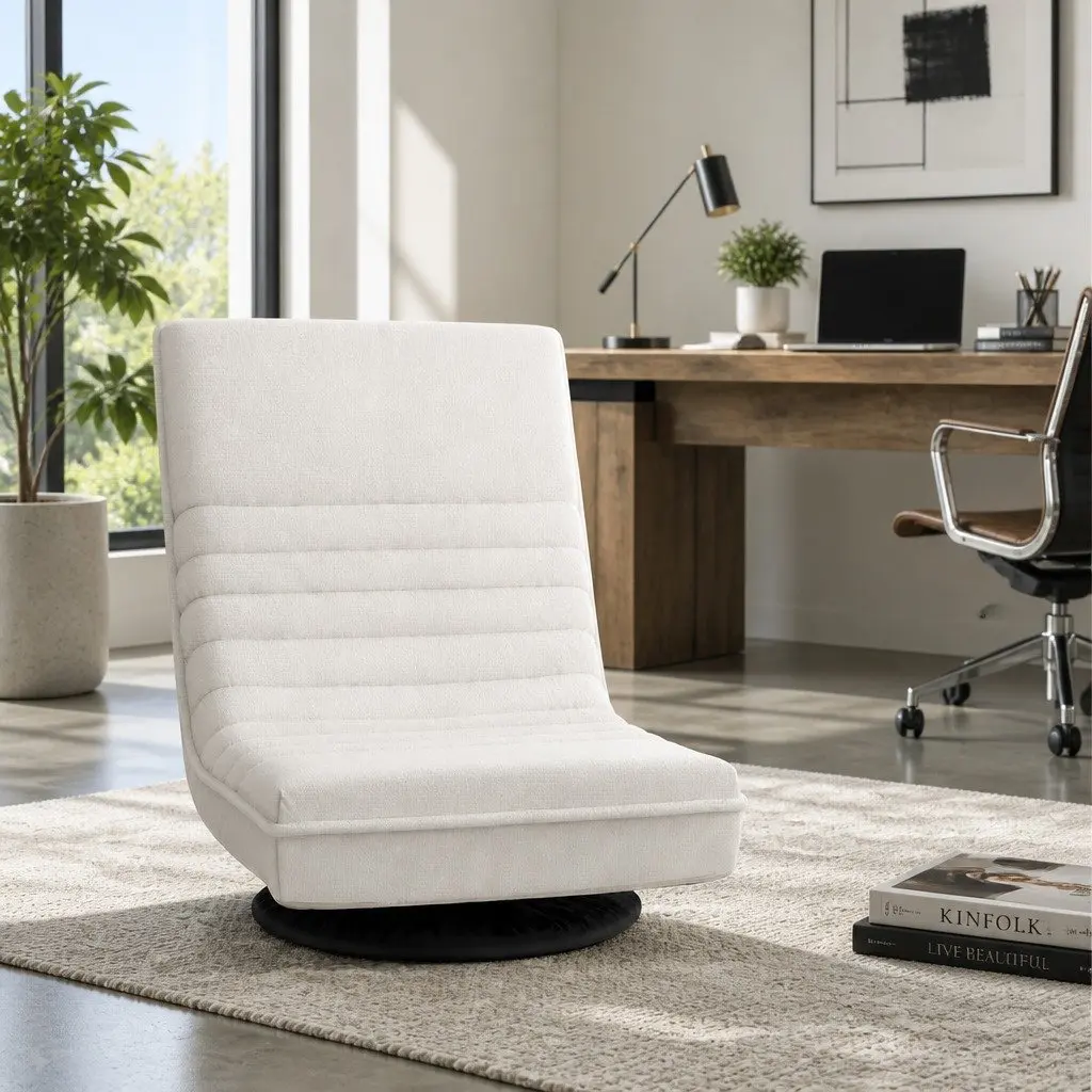 Floor Lounge Sofa Armchair Swivel Foldable Recliner White Linen 45cm W x 55cm D x 57cm H