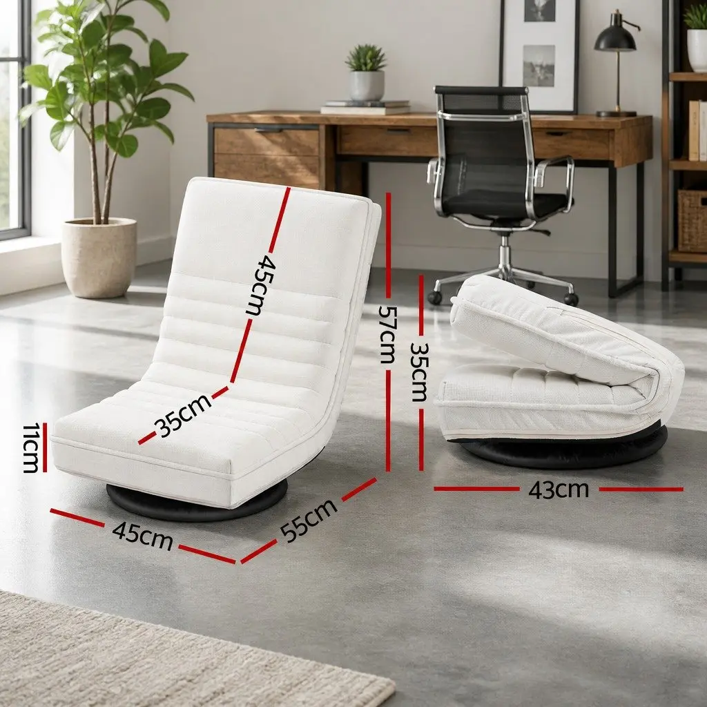 Floor Lounge Sofa Armchair Swivel Foldable Recliner White Linen 45cm W x 55cm D x 57cm H