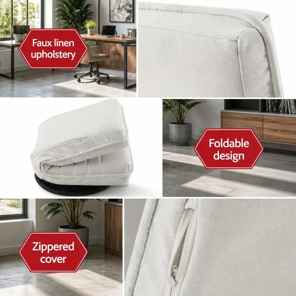 Floor Lounge Sofa Armchair Swivel Foldable Recliner White Linen 45cm W x 55cm D x 57cm H
