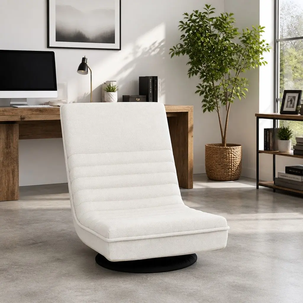 Floor Lounge Sofa Armchair Swivel Foldable Recliner White Linen 45cm W x 55cm D x 57cm H