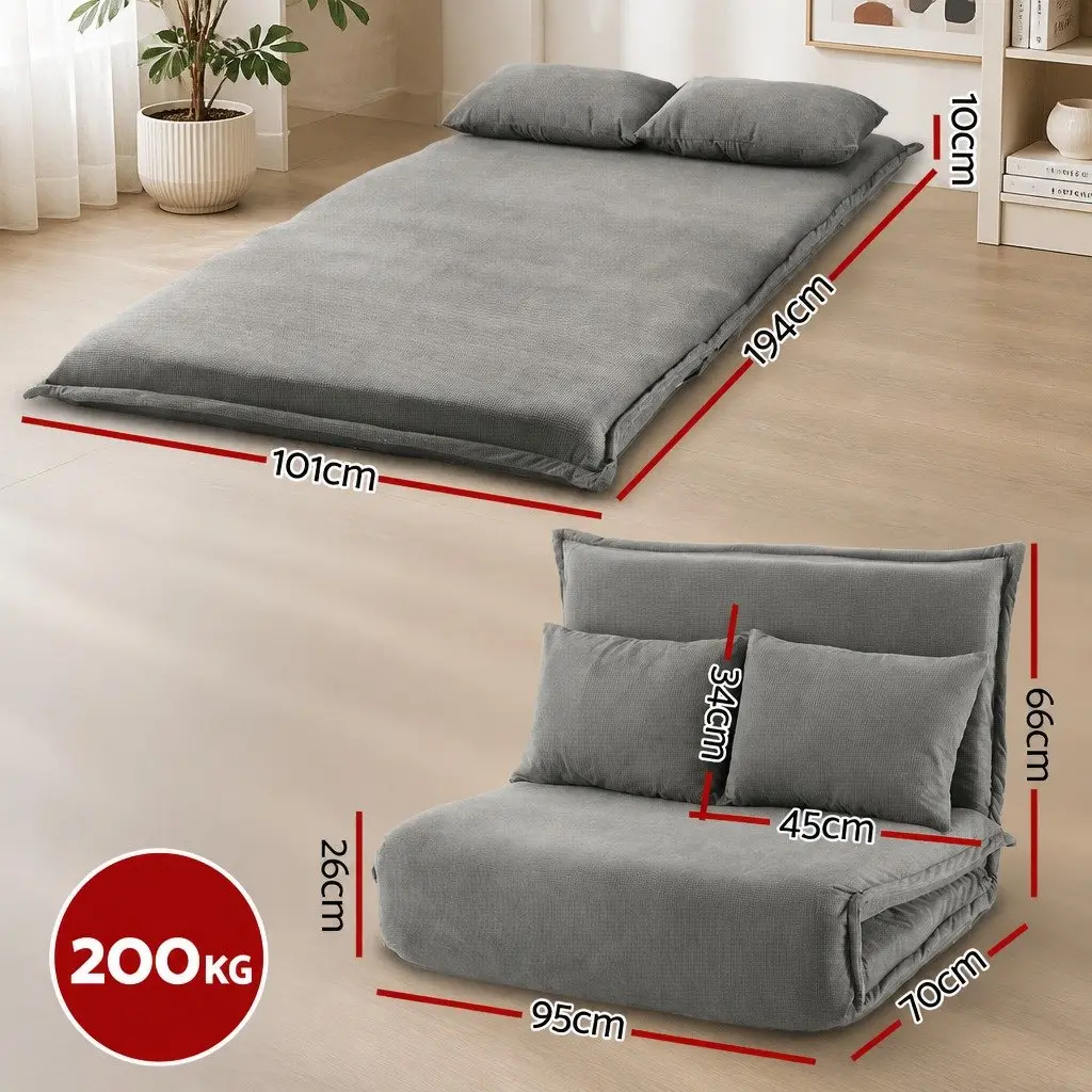 2-Seater Floor Lounge Sofa Bed Foldable Adjustable Grey Arm Chair Recliner