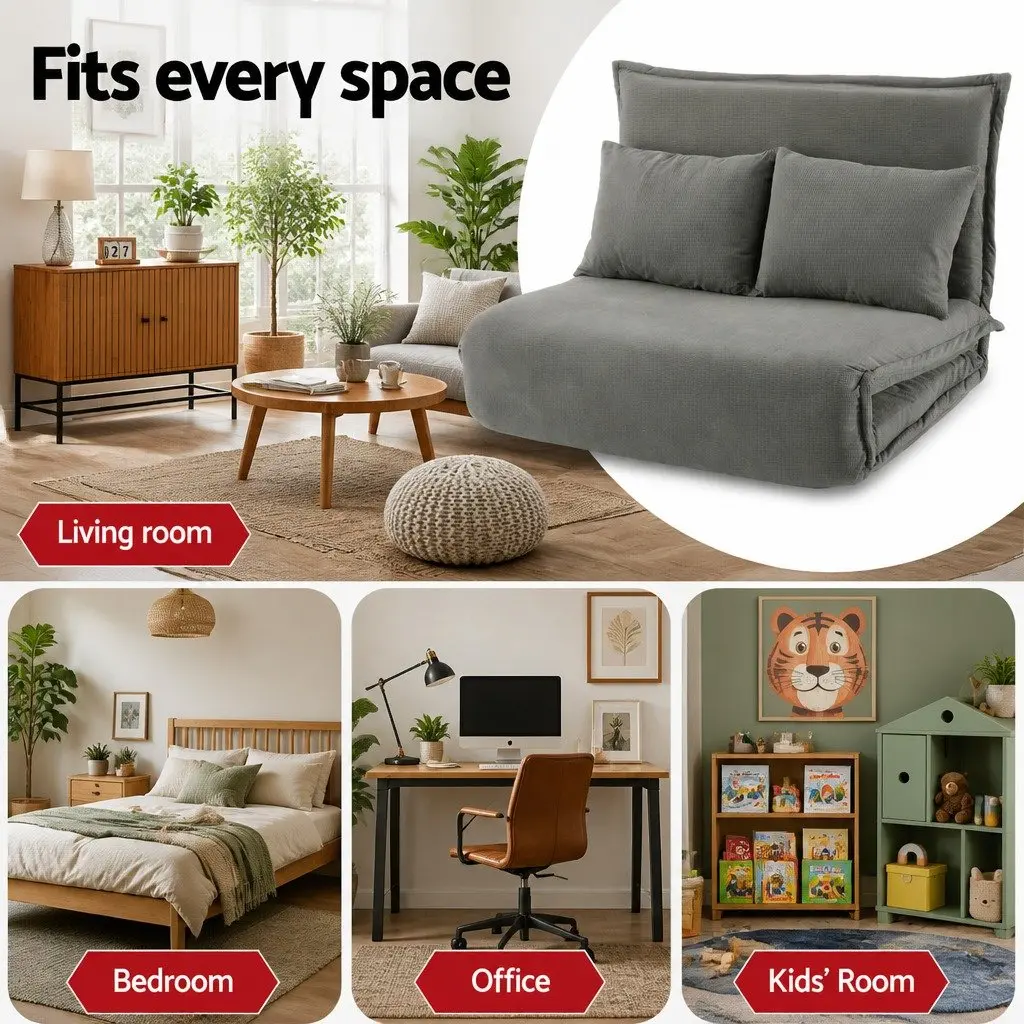 2-Seater Floor Lounge Sofa Bed Foldable Adjustable Grey Arm Chair Recliner