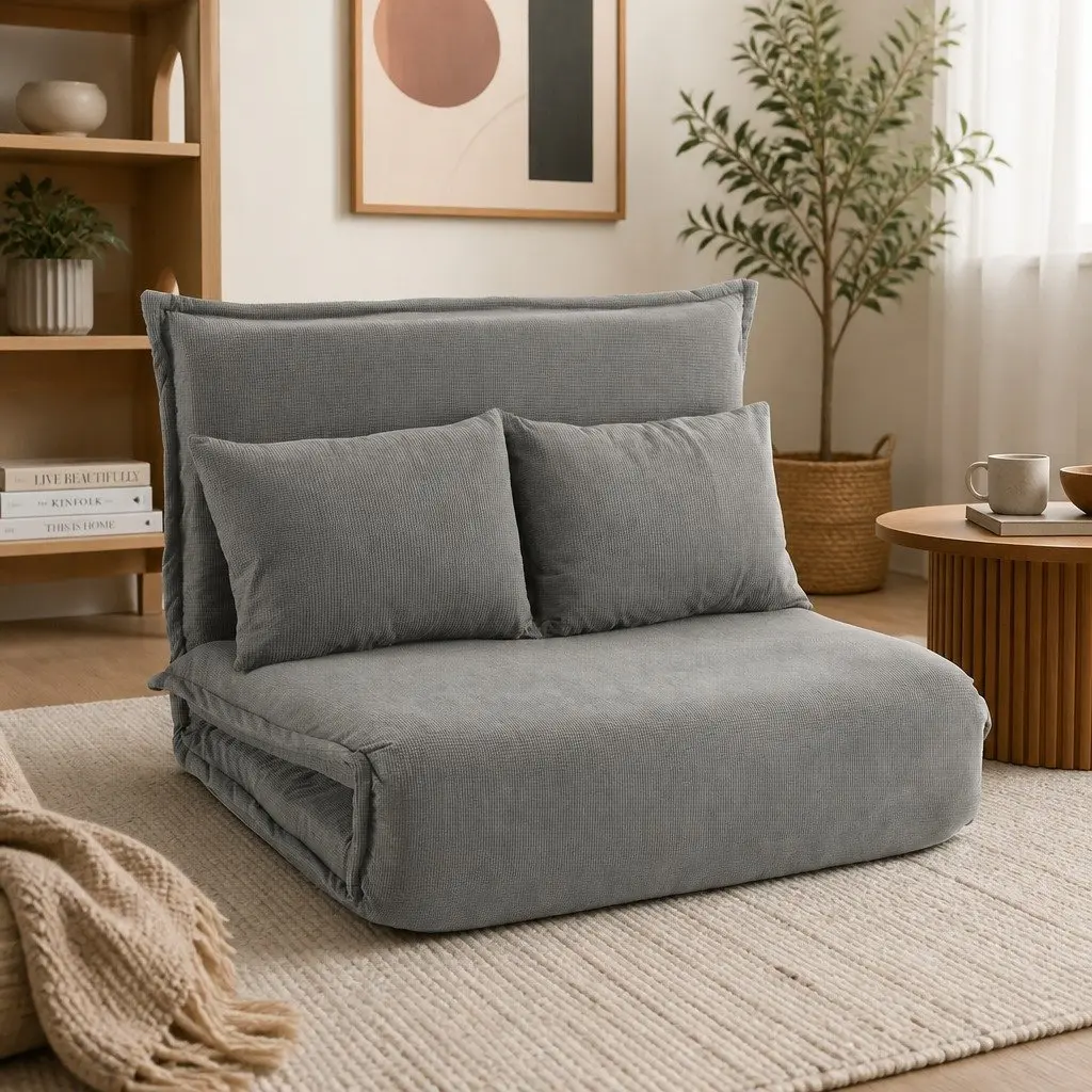 2-Seater Floor Lounge Sofa Bed Foldable Adjustable Grey Arm Chair Recliner