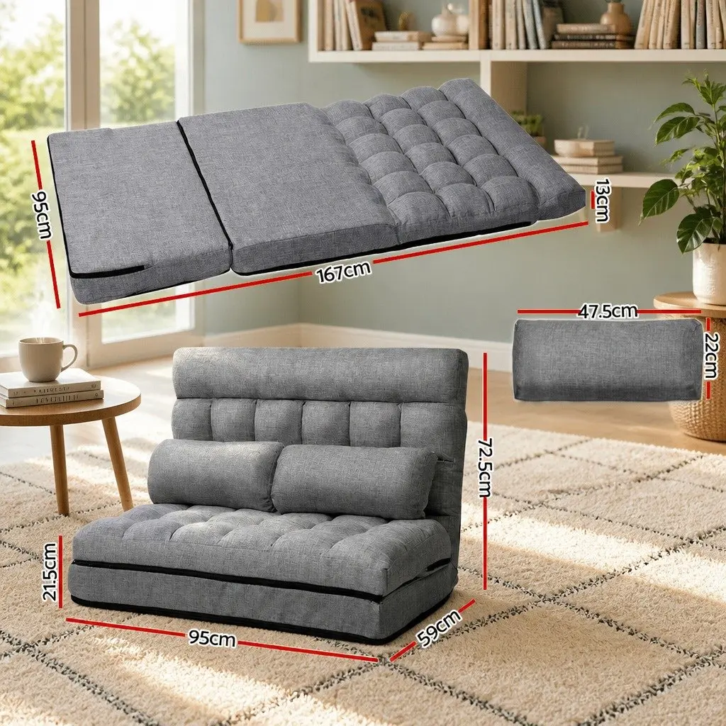 Floor Lounge Sofa Bed 2-Seater Adjustable Recliner Grey Faux Linen Fabric
