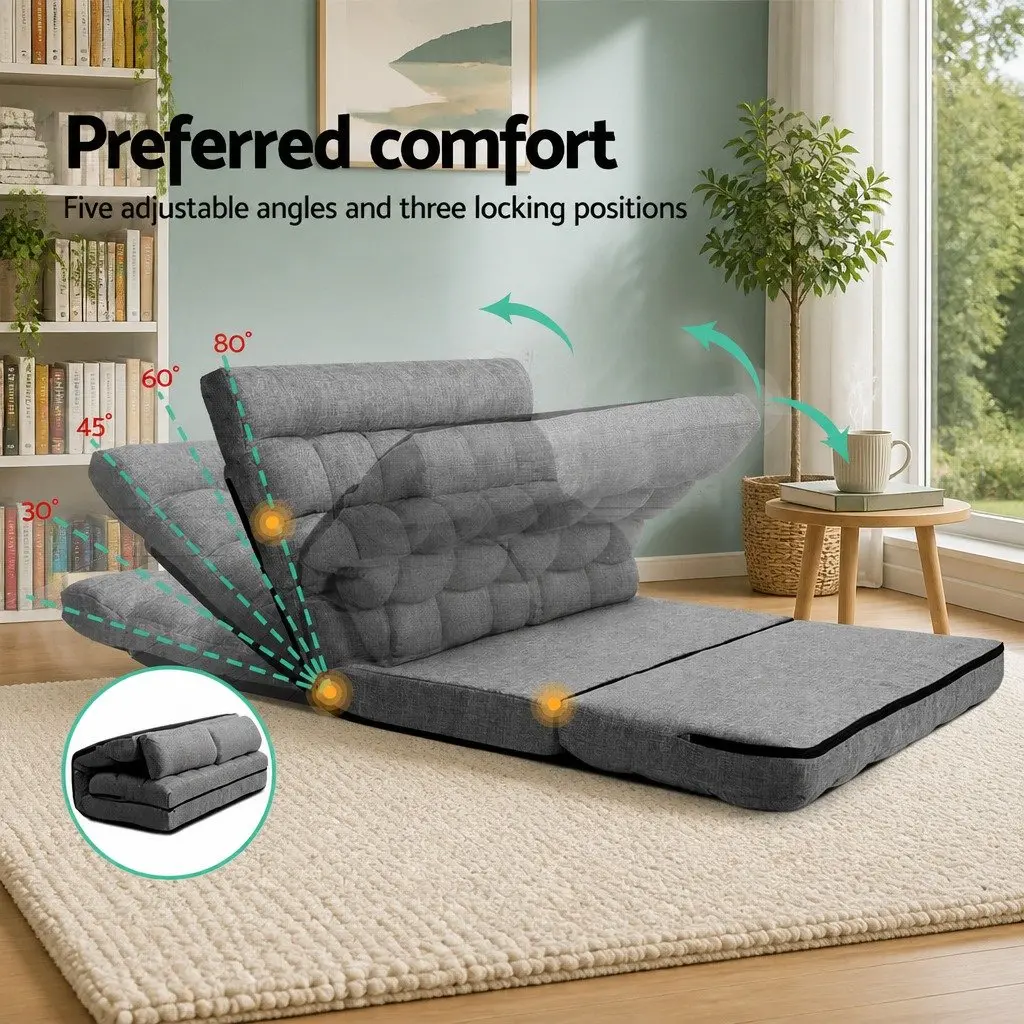 Floor Lounge Sofa Bed 2-Seater Adjustable Recliner Grey Faux Linen Fabric