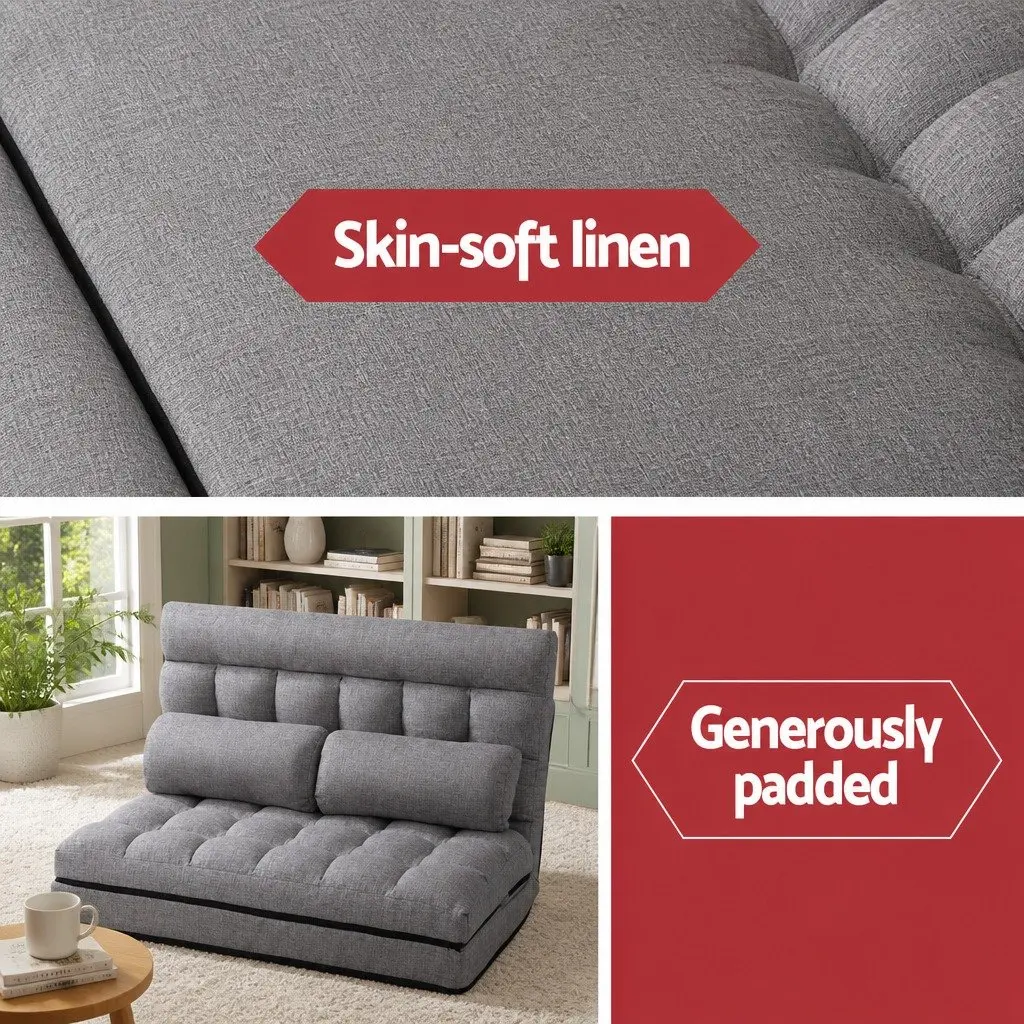 Floor Lounge Sofa Bed 2-Seater Adjustable Recliner Grey Faux Linen Fabric