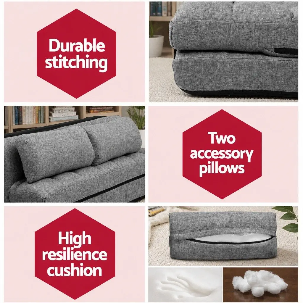 Floor Lounge Sofa Bed 2-Seater Adjustable Recliner Grey Faux Linen Fabric
