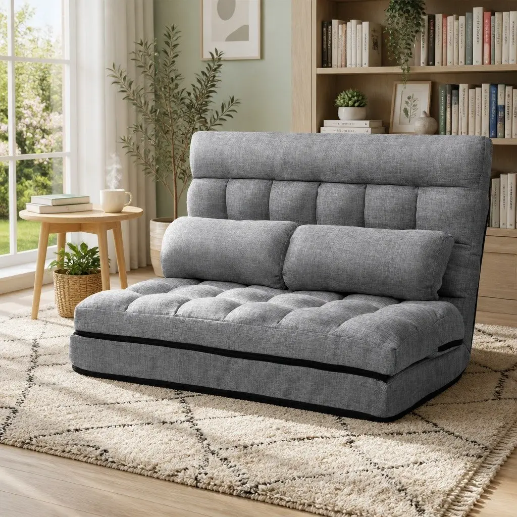 Floor Lounge Sofa Bed 2-Seater Adjustable Recliner Grey Faux Linen Fabric