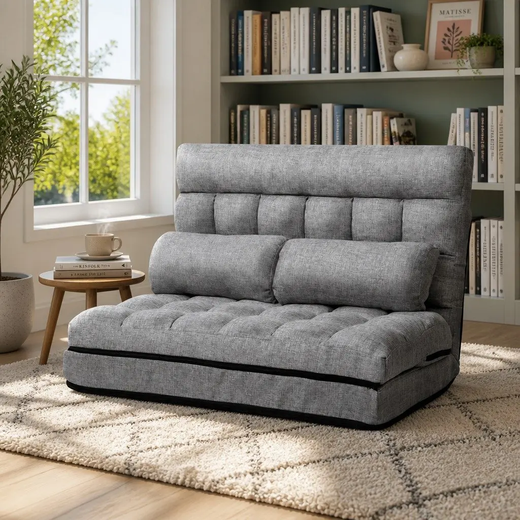 Floor Lounge Sofa Bed 2-Seater Adjustable Recliner Grey Faux Linen Fabric