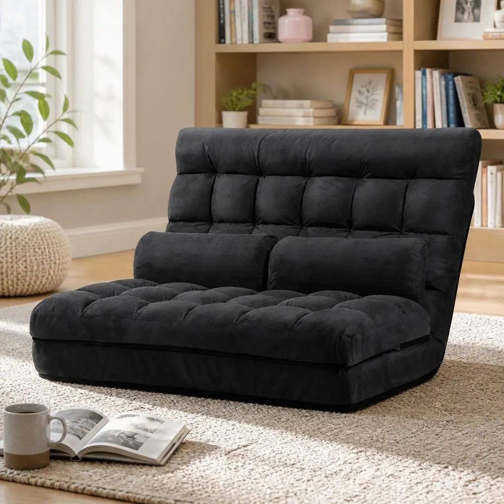 Floor Lounge Sofa Bed 2-Seater Charcoal Adjustable Reclining Lounger Foldable