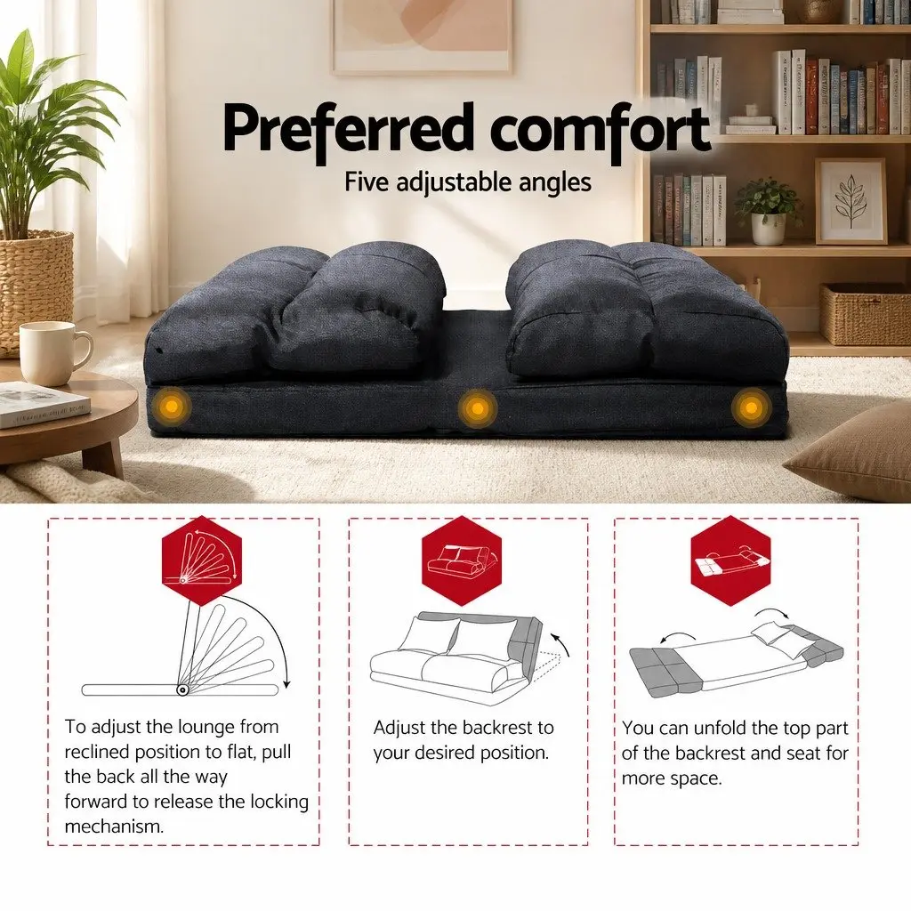Floor Lounge Sofa Bed 2-Seater Adjustable 5-Position Charcoal Foldable Couch