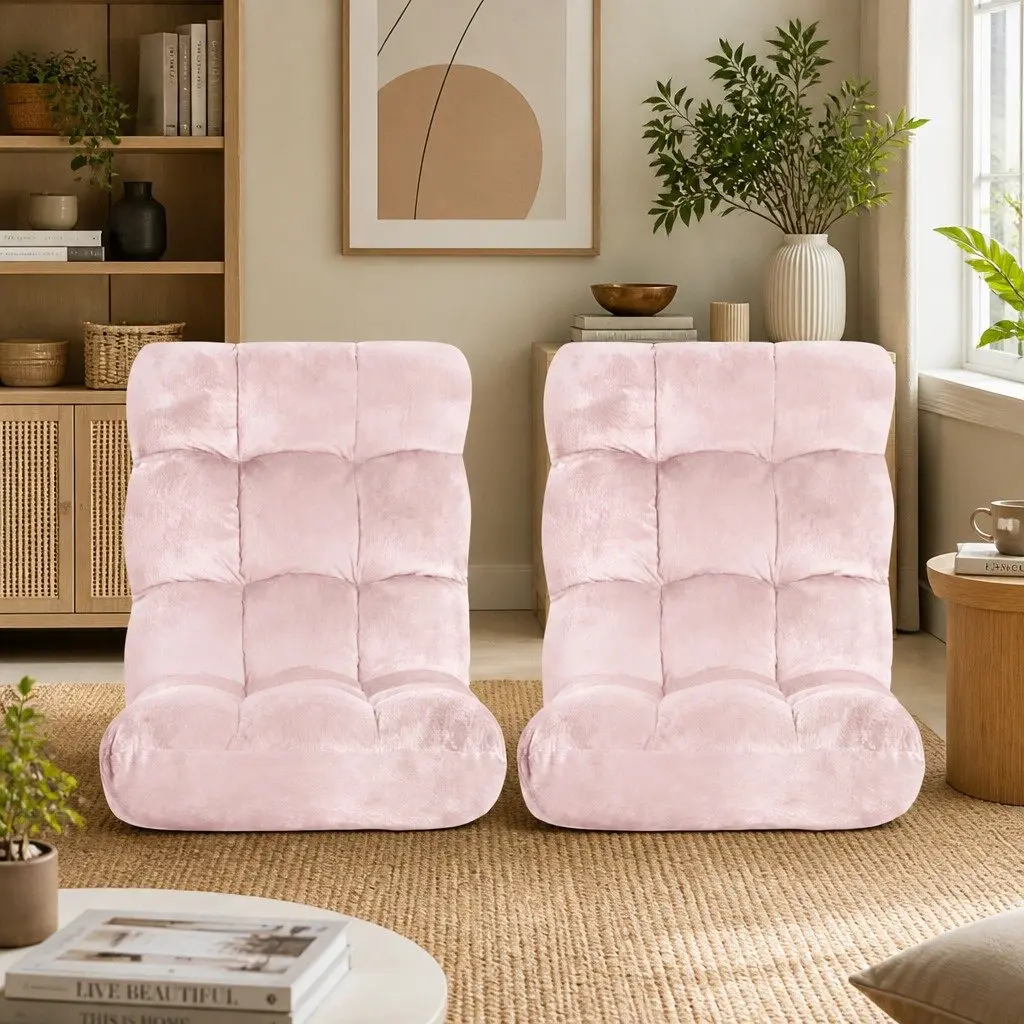 Floor Lounge Sofa Bed Chair for Living Room 2PCS Pink Flannel 14-Position Adjustable