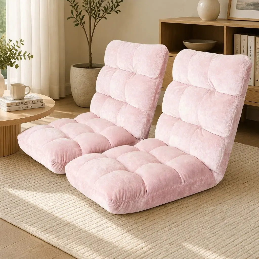 Floor Lounge Sofa Bed Chair for Living Room 2PCS Pink Flannel 14-Position Adjustable