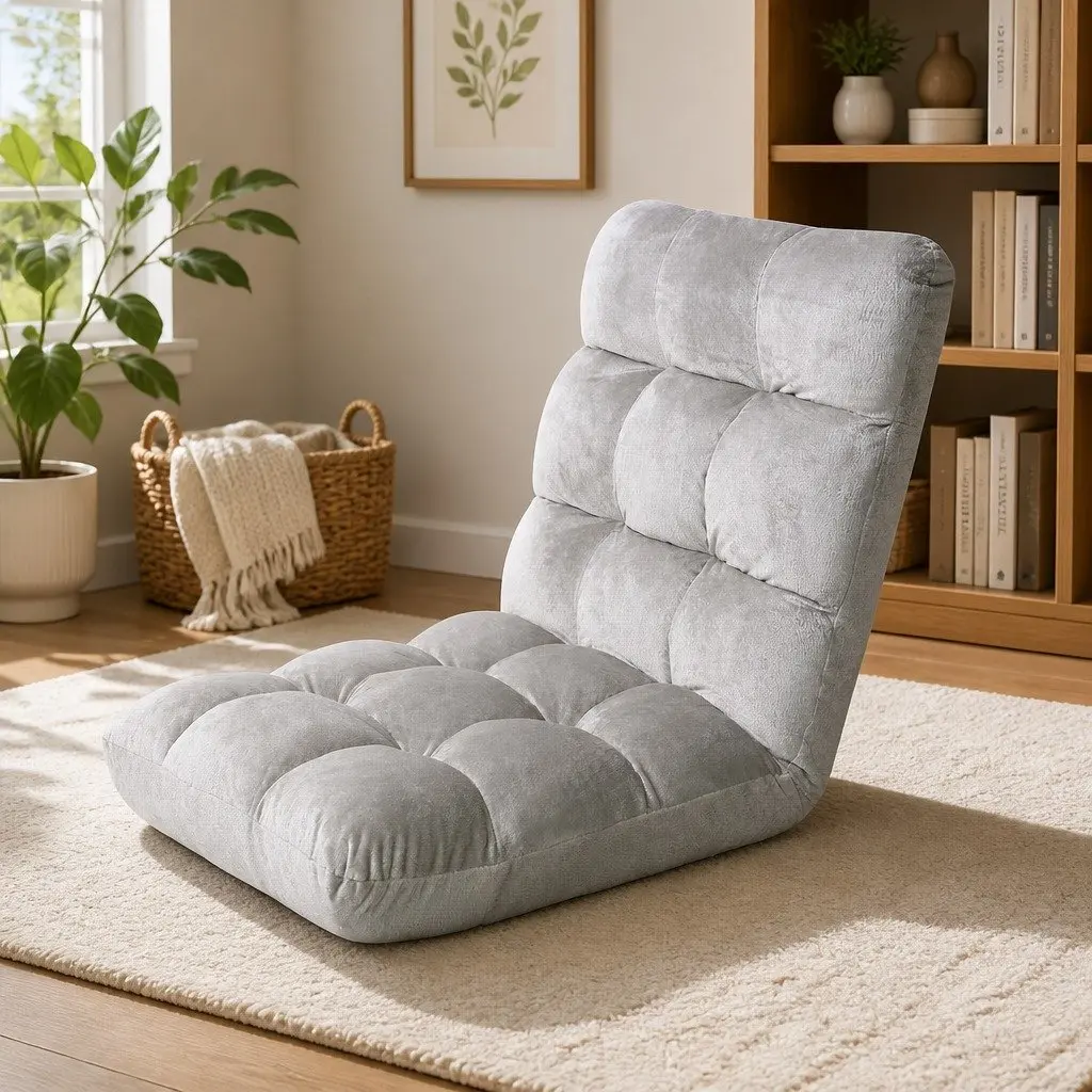 Lounge Sofa Chair Adjustable Reading Recliner Grey Flannel Fabric Foldable