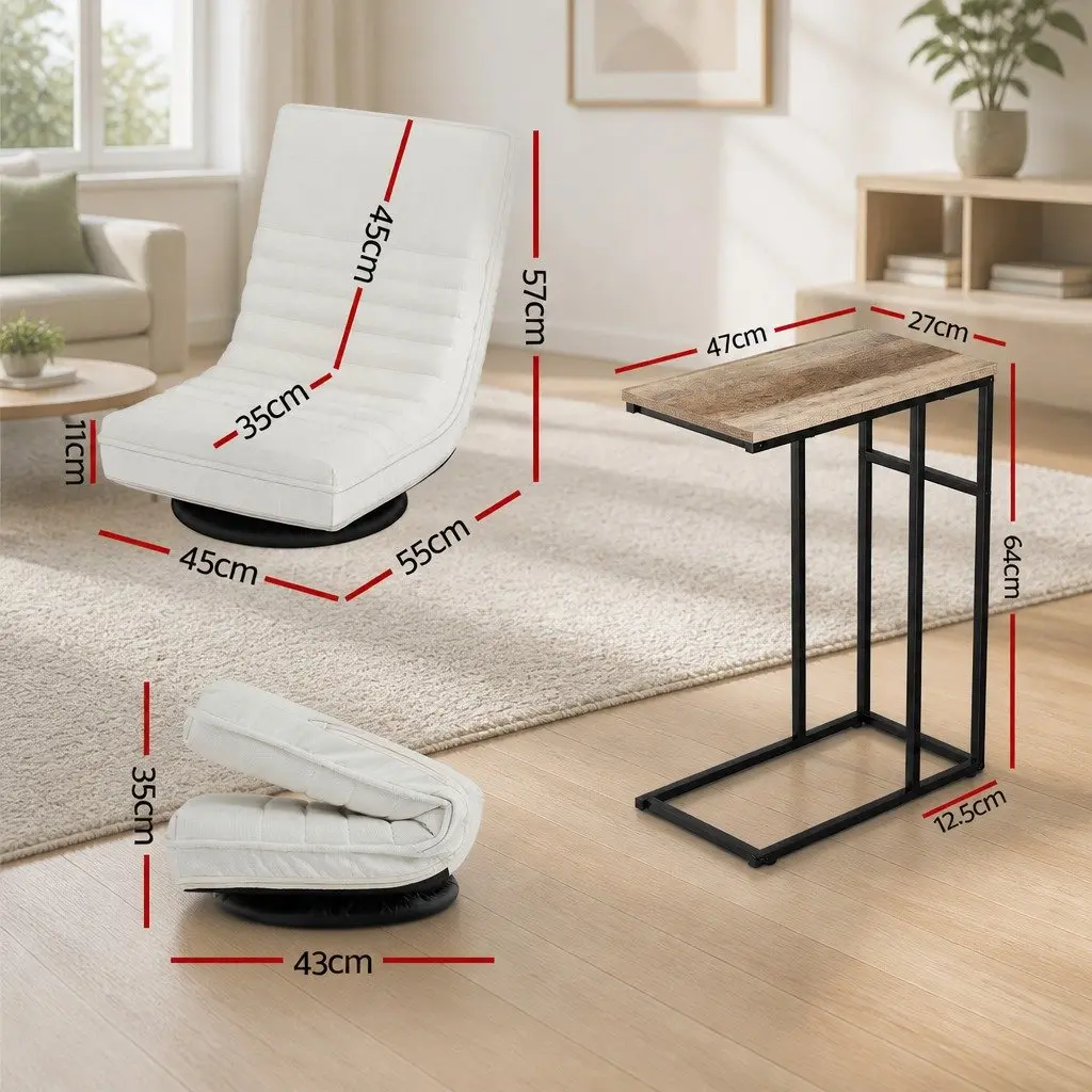 Floor Lounge Chair Swivel Foldable White Sofa with C-Shaped Side Table Set