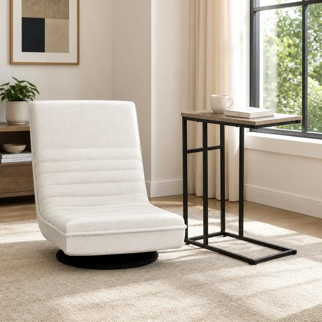 Floor Lounge Chair Swivel Foldable White Sofa with C-Shaped Side Table Set