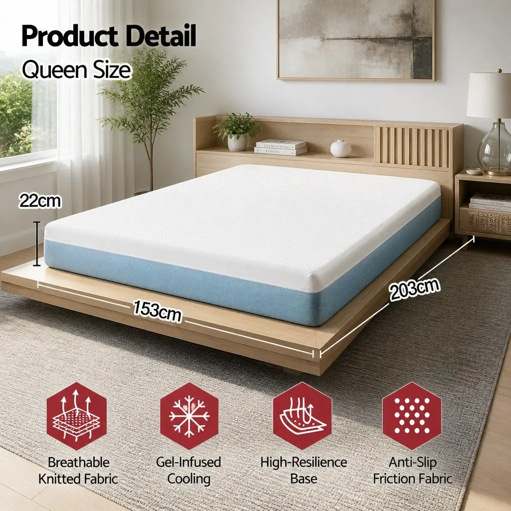 Cooling Gel Memory Foam Mattress Topper Queen Size 22cm Medium Firm Support
