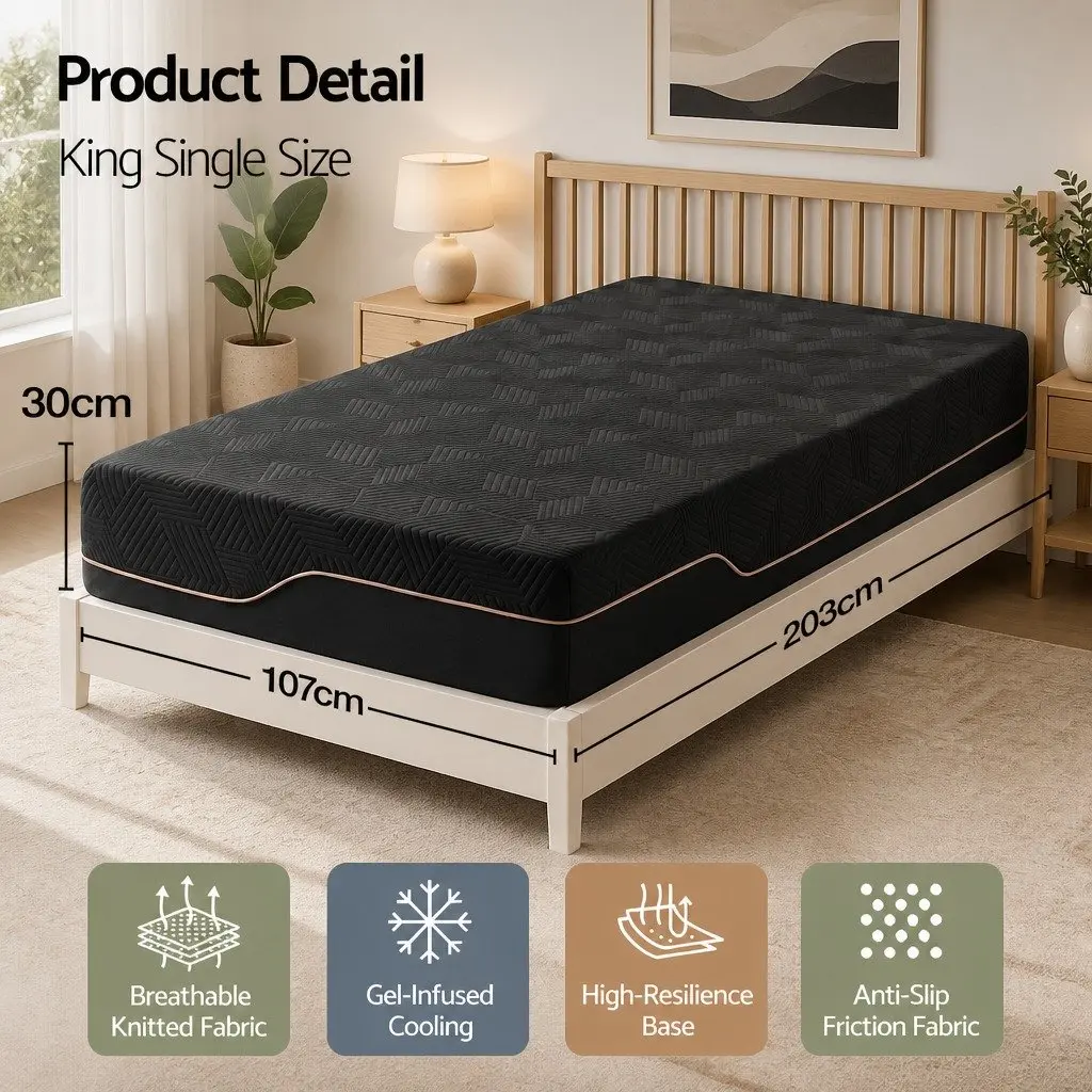 King Single Cooling Memory Foam Mattress 30cm Medium Firm Gel Comfort Pressure