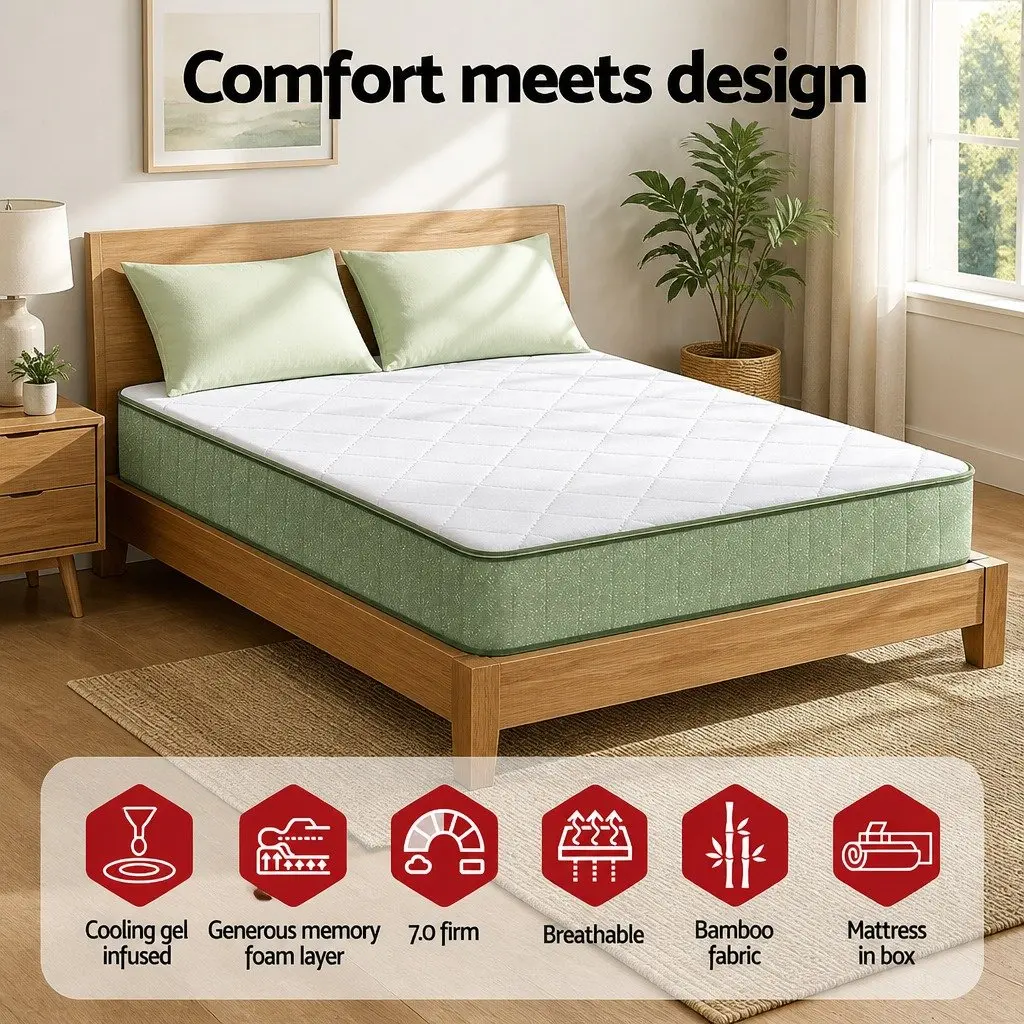 Double Memory Foam Mattress 25cm Gel Infused Charcoal Cooling Zipped Cover Green