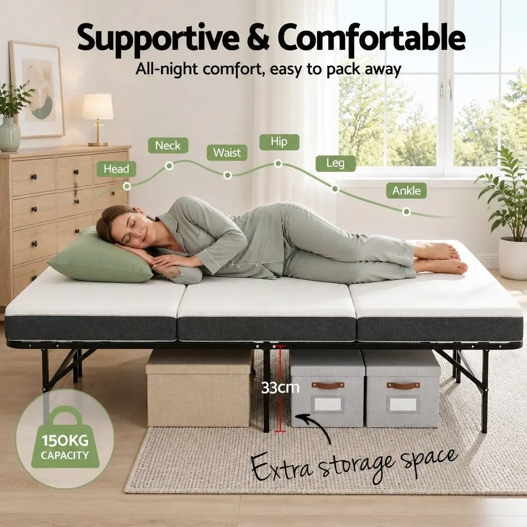 Folding Bed with Mattress Double Guest Portable Foldable Compact Storage Bamboo