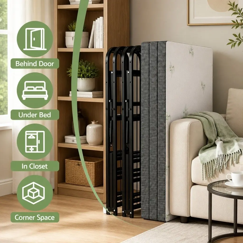 Folding Bed with Mattress Double Guest Portable Foldable Compact Storage Bamboo