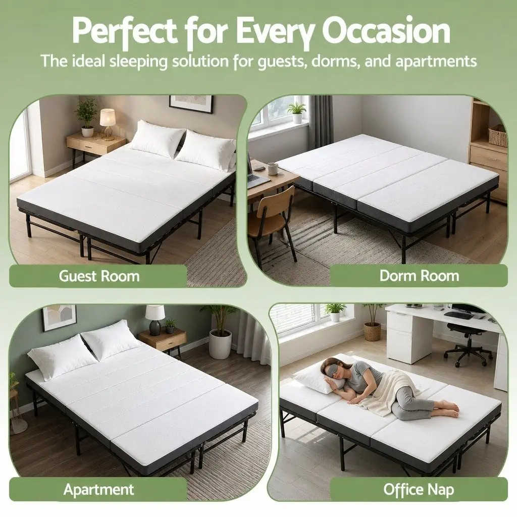 Folding Bed with Mattress Double Guest Portable Foldable Compact Storage Bamboo