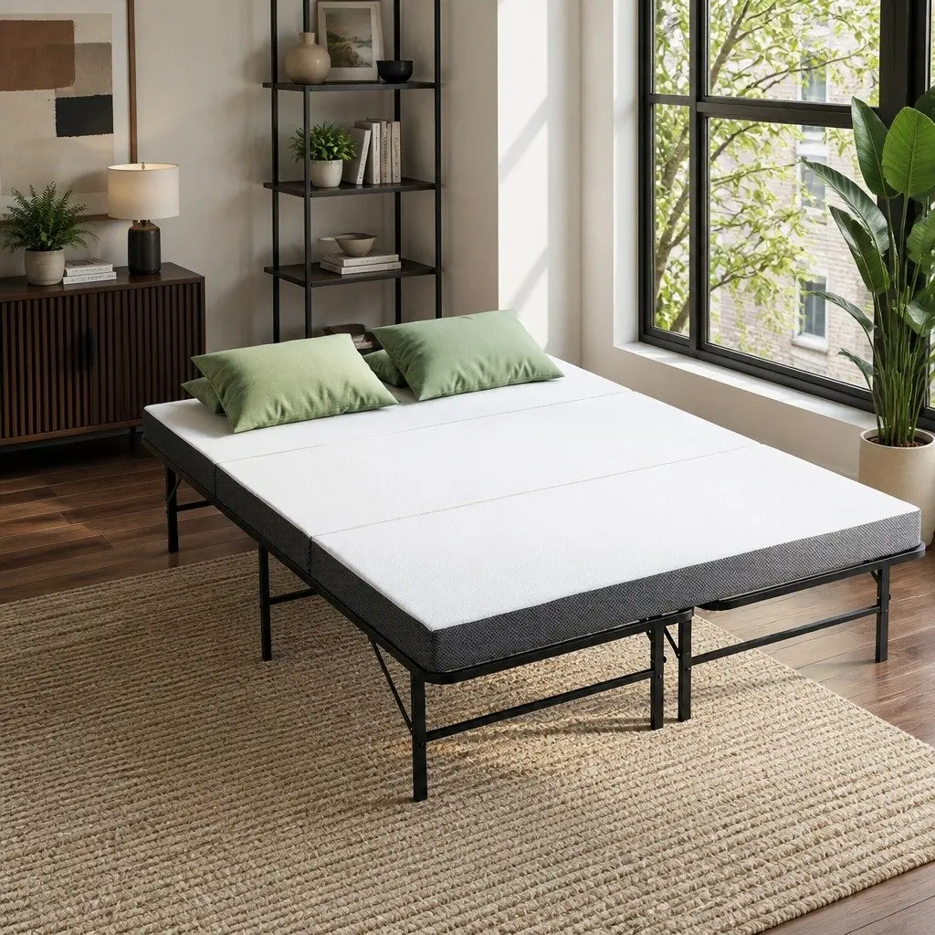 Folding Bed with Mattress Double Guest Portable Foldable Compact Storage Bamboo